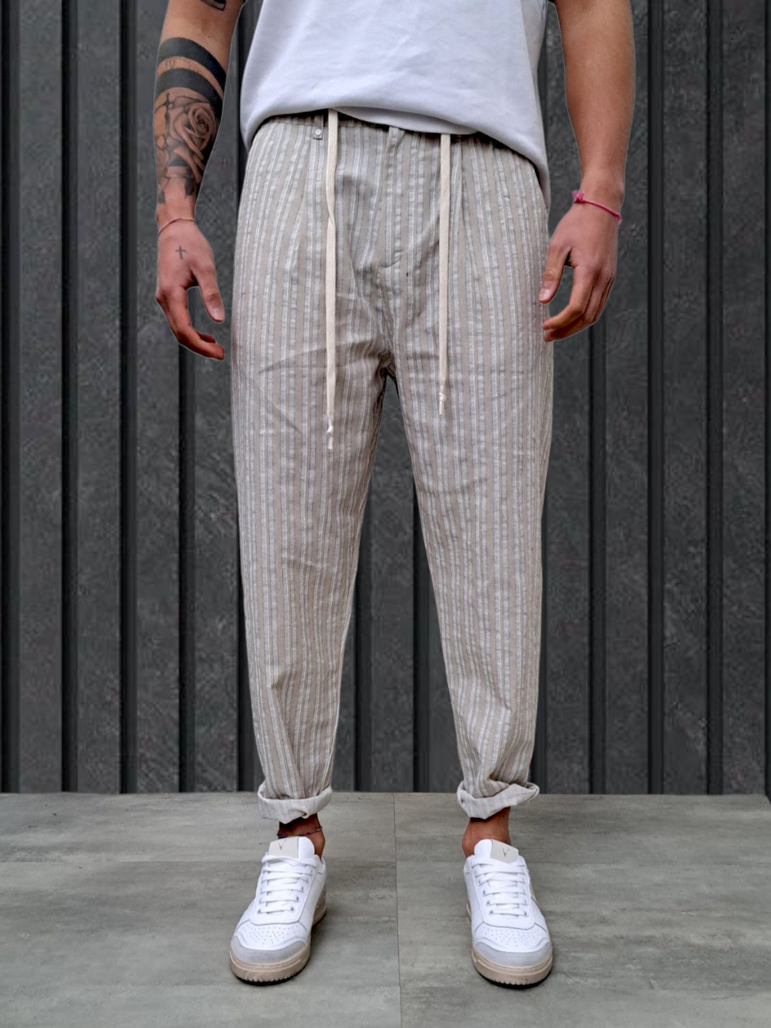 PANTALACCIO RIGHE LINO COTONE CON PENCE