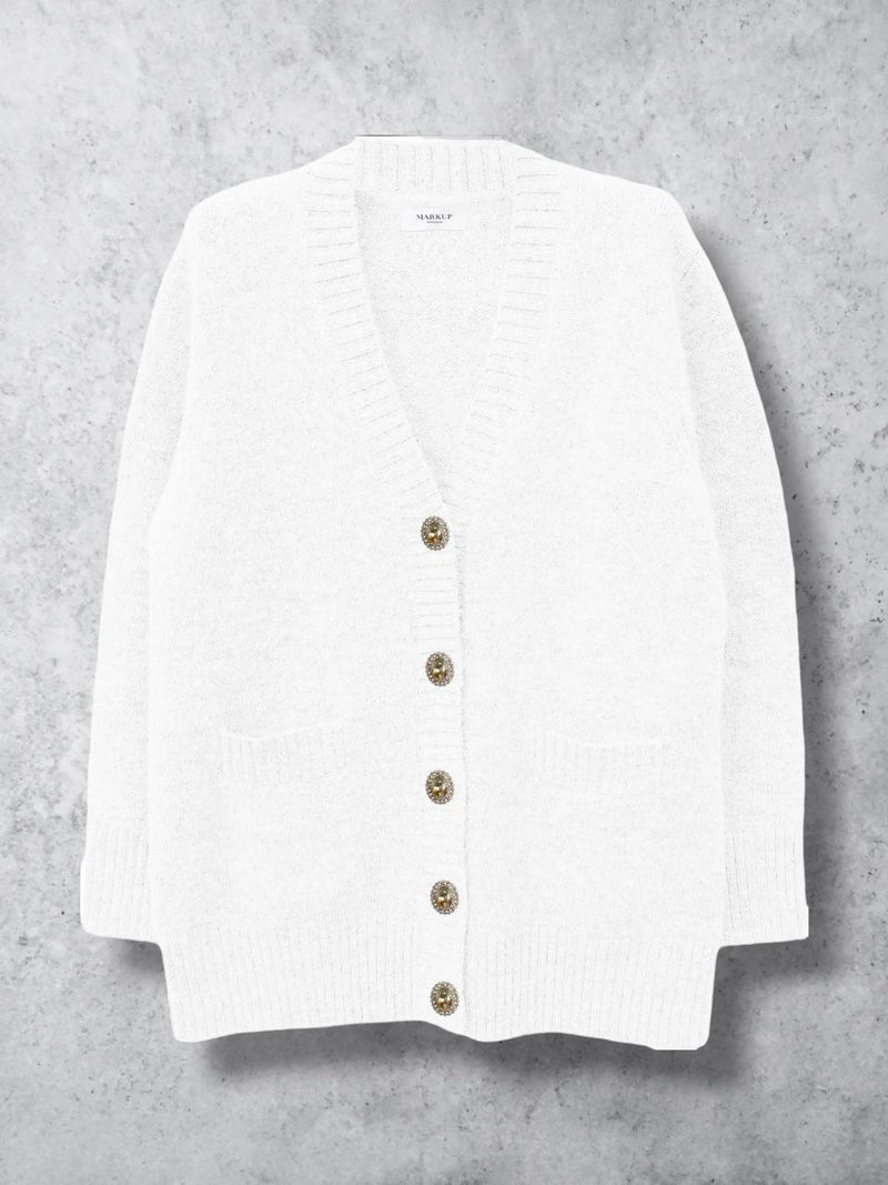 Cardigan Bottone Gioiello Latte